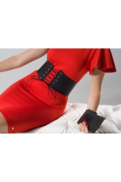 es moda shop حزام كورس من الجلد باللون الأسود