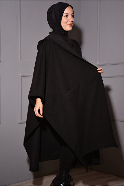 Nowa Scarf Battal beden kaşe Cepli Şapkalı Panço Siyah büyük beden standart b...