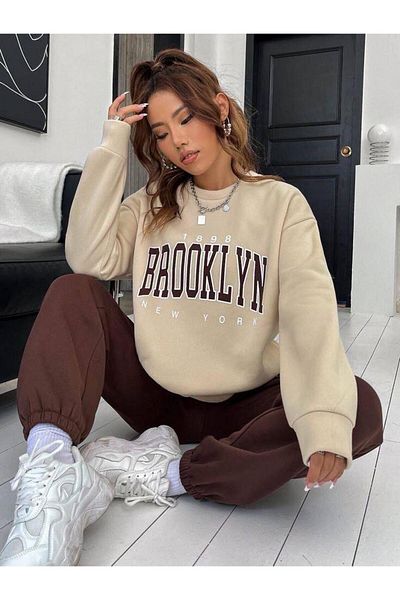 NO 601 Σετ φούτερ και φούτερ σε μπεζ Brooklyn Printed Crew Neck