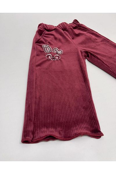 CANBİX Girl's Rabbit Embroidered Lycra Velvet Trousers