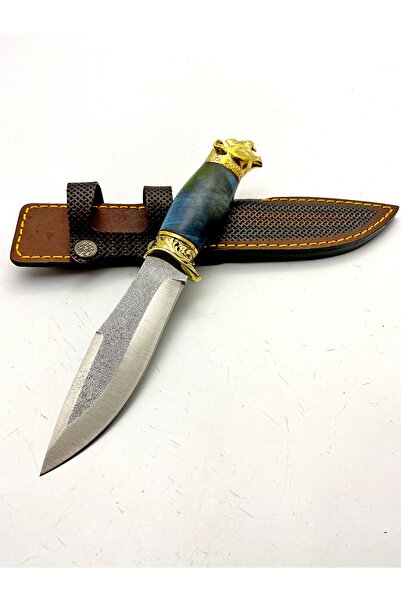 göcen El yapımı Epoksi Kabzeli Kurt Motifli Paslanmaz Çelikten Kamp Bıçağı