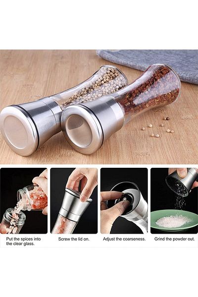 Enfa Salt and Pepper Mill with Stainless Steel Head, Ceramic Blade Glass Body Rotating Head
