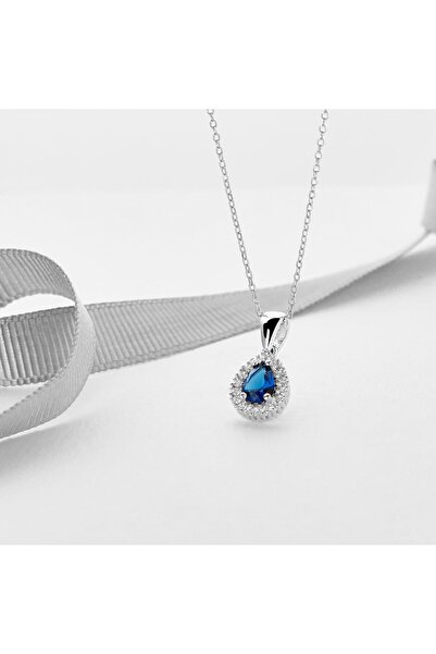 Siset Gümüş 925 Ayar Radyum Kaplama Damla Montür Safir Taşlı Gümüş Kolye