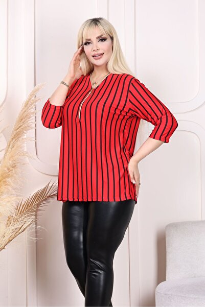 HÜLYA BUTİK RED BLACK STRIPED ZIPPERED BLOUSE