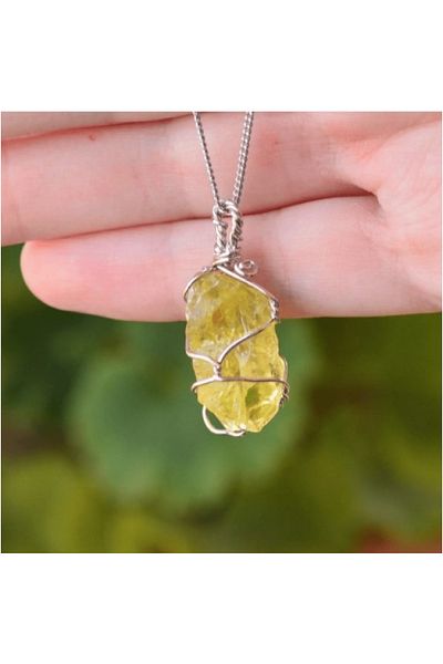Tesbih Atölyesi Certified Wire Wrapped Raw Unprocessed Lemon Quartz Stone Necklace