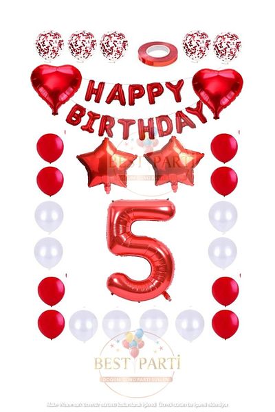 BEST PARTİ DOĞUM GÜNÜ PARTİ SÜSLERİ Red Happy Birthday Number Star Heart Foil Balloon and Confetti Balloon Set Set Age 5