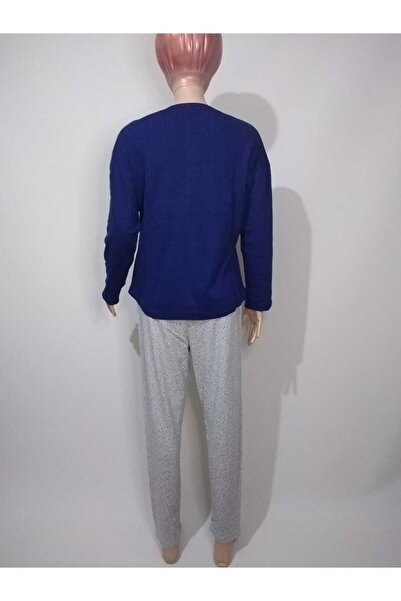 VİENETTA Жіночий темно-синій піжамний комплект з круглим коміром, овальним подолом, довгими рукавами та бавовняною тканиною