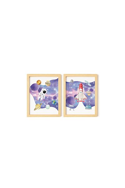 Ayışığı Dizayn Camera pentru copii și bebeluși Space-Space Set de pictură din 2 piese cu cadru din lemn natural
