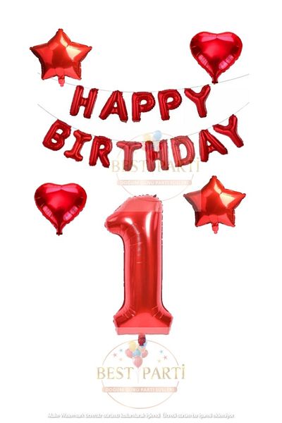 BEST PARTİ DOĞUM GÜNÜ PARTİ SÜSLERİ Red Color Happy Birthday Number and Star Heart Foil Balloon Set Age 1