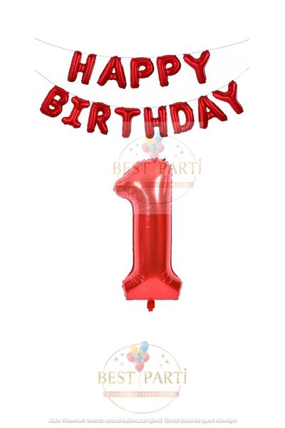 BEST PARTİ DOĞUM GÜNÜ PARTİ SÜSLERİ Red Color Happy Birthday and Number Foil Balloon Set Age 1