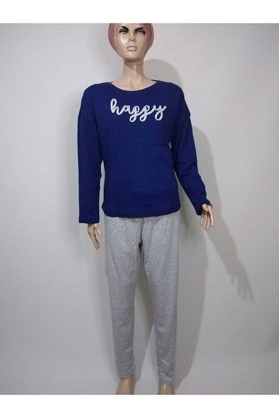VİENETTA Women's Navy Blue Round Neck Oval Skirt Low Long Sleeve Cotton Pajamas Set