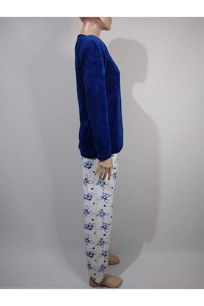 VİENETTA Set de pijamale pentru femei, albastru bleumarin, catifea, cu gât rotund, cu mânecă lungă, cu model iepure, 76% bumbac