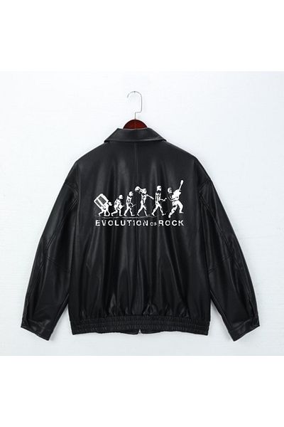 Gofeel Pofidi Evolution Of Rock Printed Streetwear Μαύρο Oversize Unisex Δερμάτινο μπουφάν με επένδυση