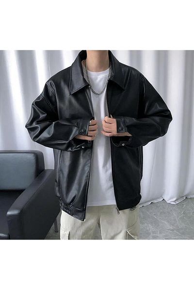 Gofeel Pofidi Evolution Of Rock Printed Streetwear Μαύρο Oversize Unisex Δερμάτινο μπουφάν με επένδυση