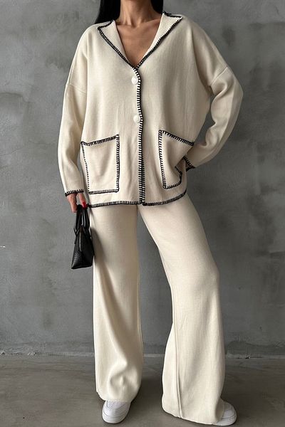 lovebox Jacket Collar Pocket Detail Oversize Cardigan and High Waist Wide Leg Trousers Cream Bottom Top Knitwear Suit 5120