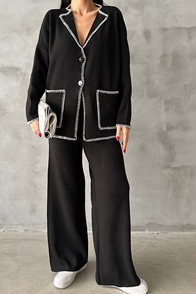lovebox Jacket Collar Pocket Detail Oversize Cardigan and High Waist Wide Leg Trousers Black Bottom Top Knitwear Suit 5120
