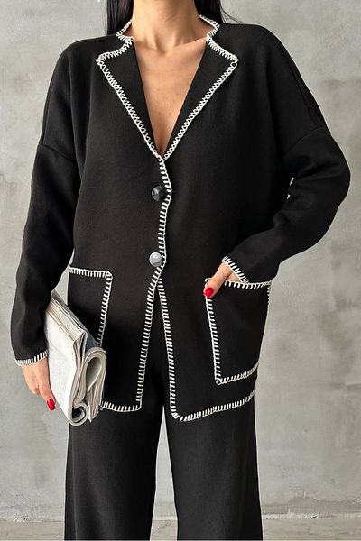 lovebox Jacket Collar Pocket Detail Oversize Cardigan and High Waist Wide Leg Trousers Black Bottom Top Knitwear Suit 5120