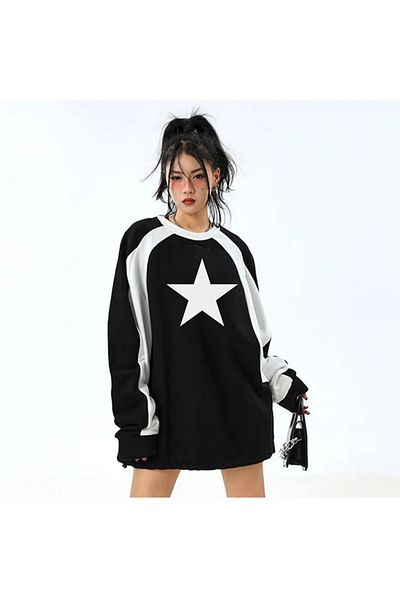 Gofeel Harajuku Street Star Printed Black Unisex Oversize Crew Neck Sweatshirt