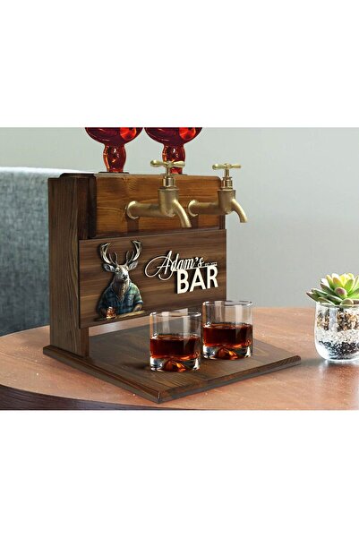 Bk Gift Kişiye Özel Kabartma İsimli ve Tarihli Çift Musluklu Doğal Ahşap İçki...