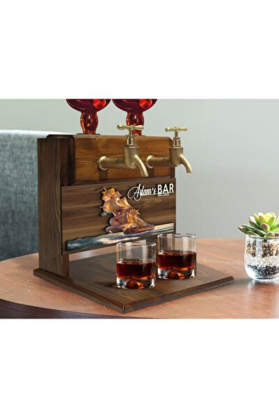 Bk Gift Kişiye Özel Kabartma İsimli ve Tarihli Çift Musluklu Doğal Ahşap İçki...