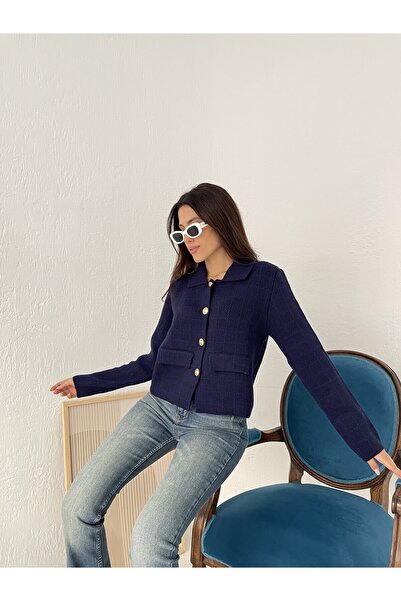 Puella Γυναικεία χρυσή τσέπη με κουμπιά λεπτομερή μπλε μπλέιζερ/Tweed σακάκι γυναικεία ζακέτα