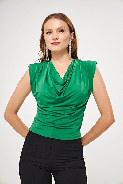 WOMAN VISION Women's Sandy Fabric Shoulder Padded Degaje Collar Green Blouse 1009