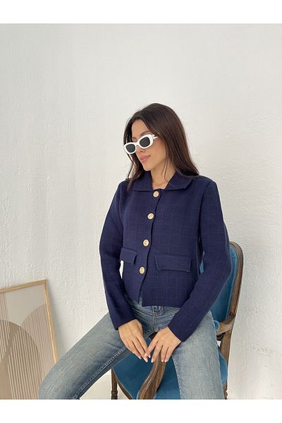 Puella Blazer albastru bleumarin cu buzunar cu nasturi aurii pentru femei/Jachetă crop din tweed Cardigan pentru femei