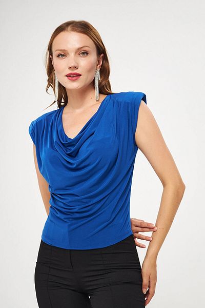 WOMAN VISION Women's Sandy Fabric Shoulder Padded Degaje Collar Saks Blue Blouse 1009