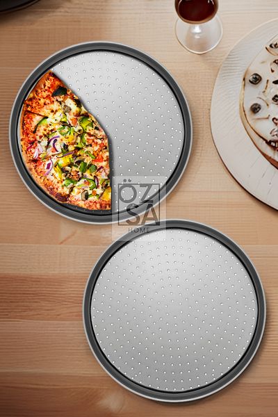 ÖzSa Home 2 Pieces 32cm Perforated Pizza Tray Lahmacun Pita Tray 32 cm 2 Pieces Steel Pizza Tray
