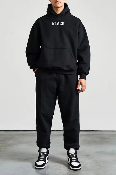 aynewmoda Men's Black Printed Hooded Sweatshirt Bottom-Top Set
