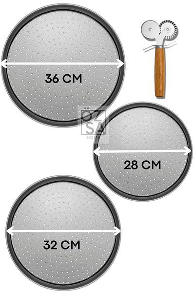 ÖzSa Home 3-Piece Perforated Pizza Tray Lahmacun Pita Tray Steel Tray Bamboo Double Sided Pizza Roulette Set