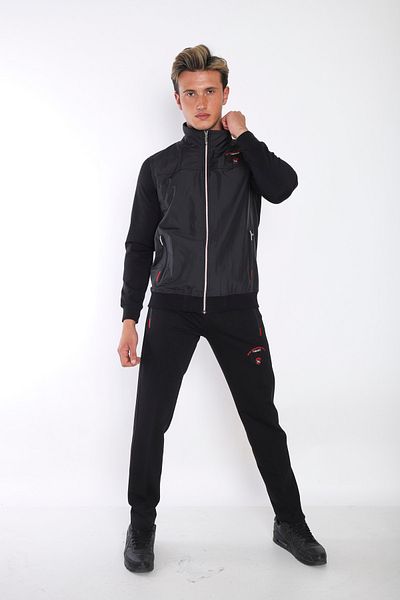 NEED LİFE Men's Black Comfortable Fit Stand Collar Quilted Embroidery Detailed Tracksuit Set