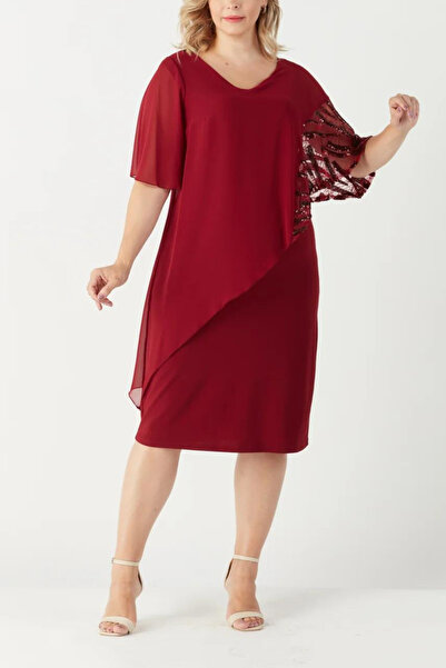 Arden Büyük Beden Kısa Abiye Elbise, Şifon Payetli, Kısa Kol, V Yaka Midi Anne Abiye, Davet, Düğün, 44-52