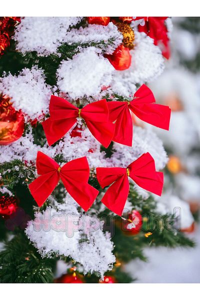 Happyland 4-Piece Large Size Red Pine Tree Bow Ribbon - New Year Christmas Party Decoration Ornaments