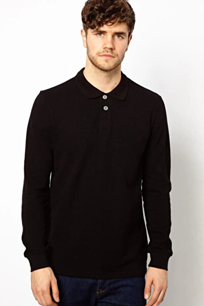 Nacar Polo Yaka Uzun Kollu Siyah Renk Tişört Pamuklu Uzun Kol Polo Yakalı Tshirt