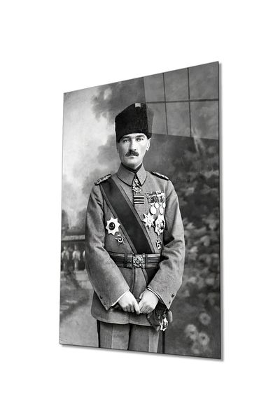 Rosyvien Ataturk Portrait in Uniform Glass Painting, Ata Mustafa Kemal, Home Office School Wall Decor, Tempered Glass