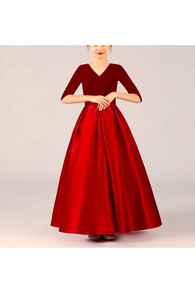 NSMLİFE Girl's Red Velvet Top Satin Bottom skirt Half Sleeve Graduation Birthday Christmas Dress
