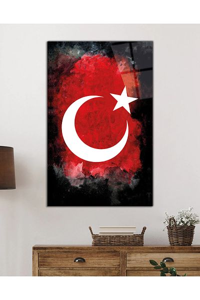 Rosyvien Moon and Star Turkish Flag Glass Painting, Home, Office and School Wall Decoration, Gift Large Tempered Glass