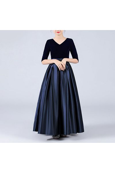 NSMLİFE Girl's Navy Velvet Top Satin Bottom skirt Half Sleeve Graduation Birthday Christmas Dress