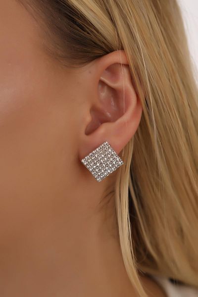 HUBANN Silver Color Mini Square Diamond Patterned Stone Earrings Square Mini Earrings Waterway Earrings