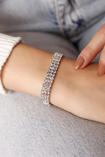 HUBANN Gümüş Kaplama 3 Sıralı Su Yolu Bileklik Kristal Bileklik Taşlı Bileklik