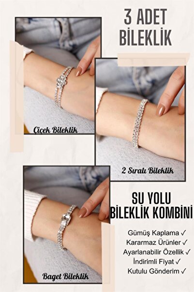 HUBANN 3 Adet Gümüş Kaplama Su Yolu Kombin Bileklik Seti, Çiçek Desenli Bilek...