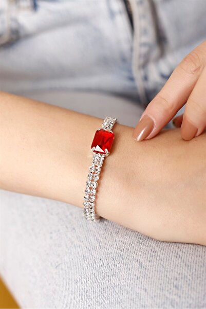 HUBANN Gümüş Kaplama 2 Sıralı Kırmızı Baget Taşlı Su Yolu Bileklik