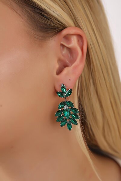 HUBANN Stylish Yeşil Mekik Taşlı Kadın Küpe Renkli Taşlı Küpe Gümüş Kaplama Küpe Şık Tasarım Küpeler