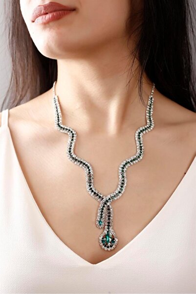 HUBANN Gümüş Kaplama Yeşil Taşlı Yılan Tasarım Su Yolu Kolye