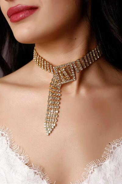 HUBANN Kristal Taşlı Kemer Choker Kolye Altın Renk Tasarım Su Yolu Kolye Taşl...