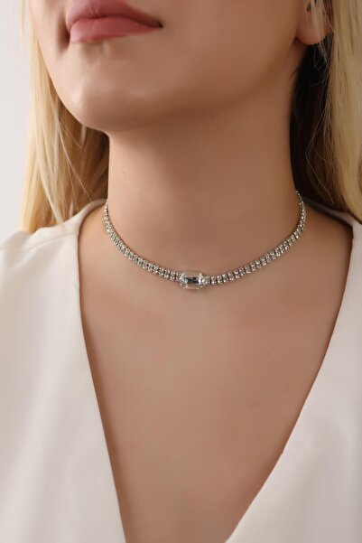 HUBANN Gümüş Renk Baget Taşlı Choker Kolye, Stylish Taşlı Choker, Su Yolu Choker Kolye, Gerdanlık, Boyunluk