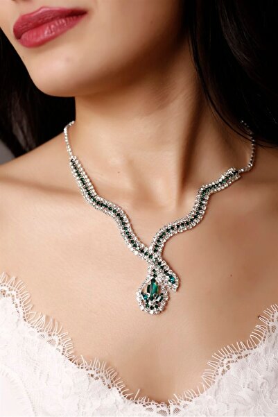 HUBANN Gümüş Kaplama Yeşil Taşlı Yılan Tasarım Su Yolu Kolye