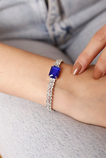 HUBANN Gümüş Kaplama 2 Sıralı Mavi Baget Taşlı Su Yolu Bileklik