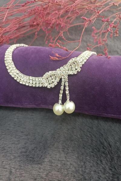 HUBANN Gümüş Kaplama Su Yolu Incili Taşlı Fiyonk Kolye Choker Gelin Kolye Niş...